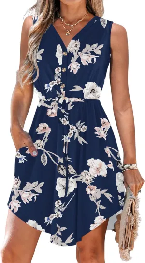 MISFAY Summer Dresses for Women 2025 Sleeveless Button Down Drawstring Floral Sundress Vacation
