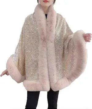 NATHGAM Women Sequin Sparkly Faux Fur Cape Coat Thick Shiny Winter Warm Cloak Shawl Poncho Wraps for Prom Evening Party Dress
