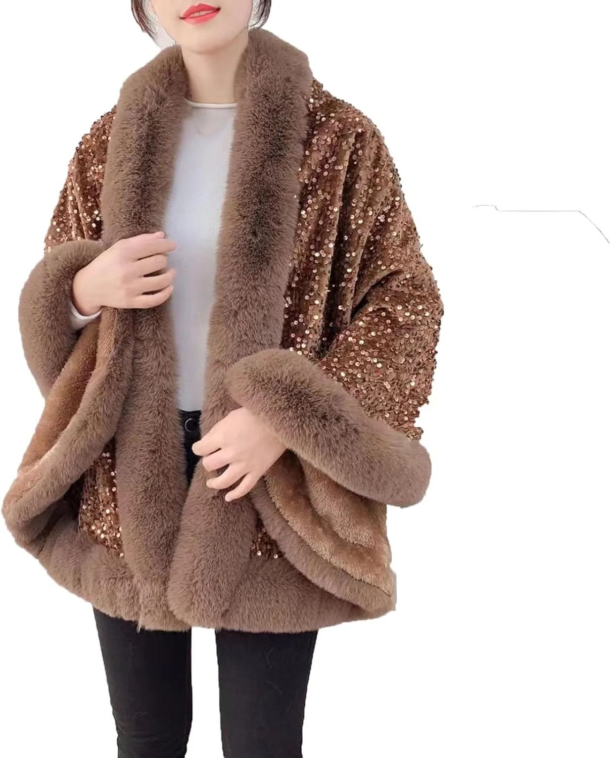 NATHGAM Women Sequin Sparkly Faux Fur Cape Coat Thick Shiny Winter Warm Cloak Shawl Poncho Wraps for Prom Evening Party Dress