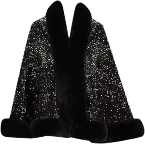 NATHGAM Women Sequin Sparkly Faux Fur Cape Coat Thick Shiny Winter Warm Cloak Shawl Poncho Wraps for Prom Evening Party Dress