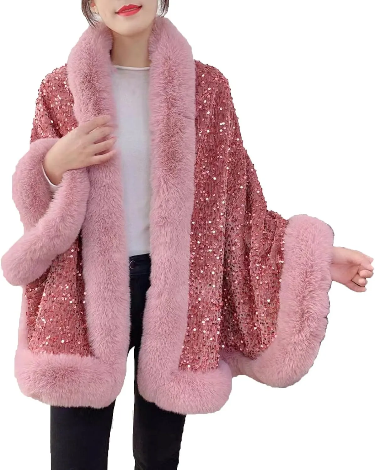 NATHGAM Women Sequin Sparkly Faux Fur Cape Coat Thick Shiny Winter Warm Cloak Shawl Poncho Wraps for Prom Evening Party Dress