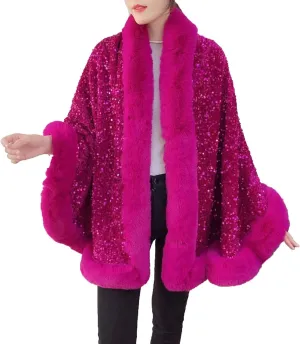 NATHGAM Women Sequin Sparkly Faux Fur Cape Coat Thick Shiny Winter Warm Cloak Shawl Poncho Wraps for Prom Evening Party Dress