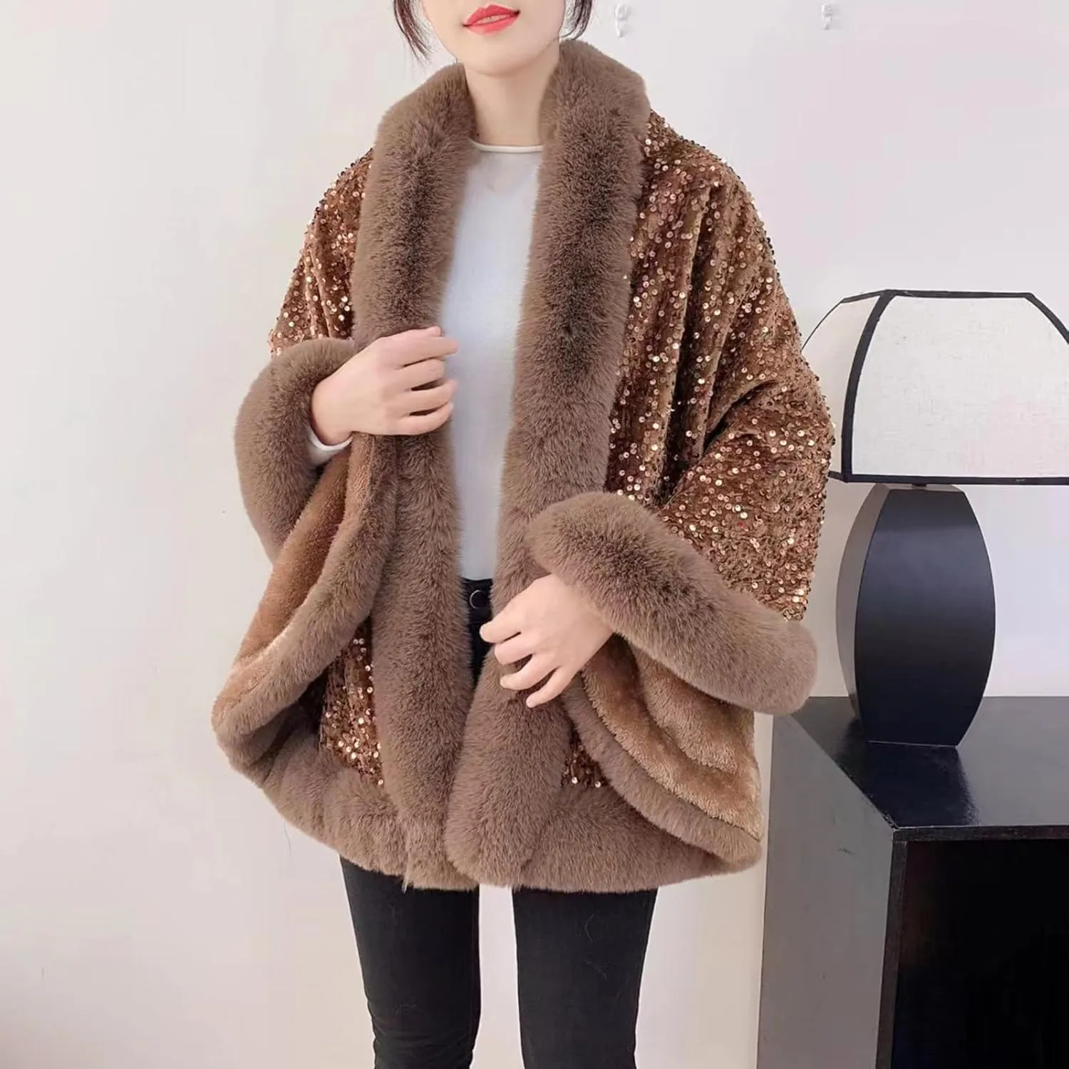 NATHGAM Women Sequin Sparkly Faux Fur Cape Coat Thick Shiny Winter Warm Cloak Shawl Poncho Wraps for Prom Evening Party Dress