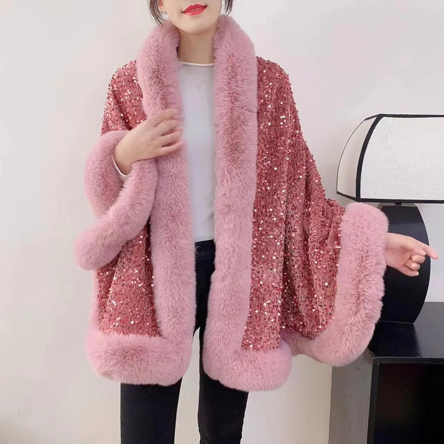 NATHGAM Women Sequin Sparkly Faux Fur Cape Coat Thick Shiny Winter Warm Cloak Shawl Poncho Wraps for Prom Evening Party Dress