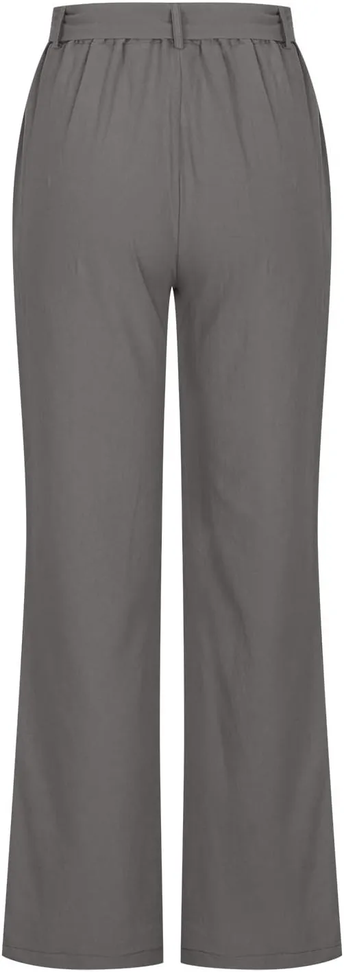 NATHGAM Womens Straight Pants Solid High Waisted Drawstring Summer Baggy Lounge Breathable Trousers Comfy Cotton Linen Pants