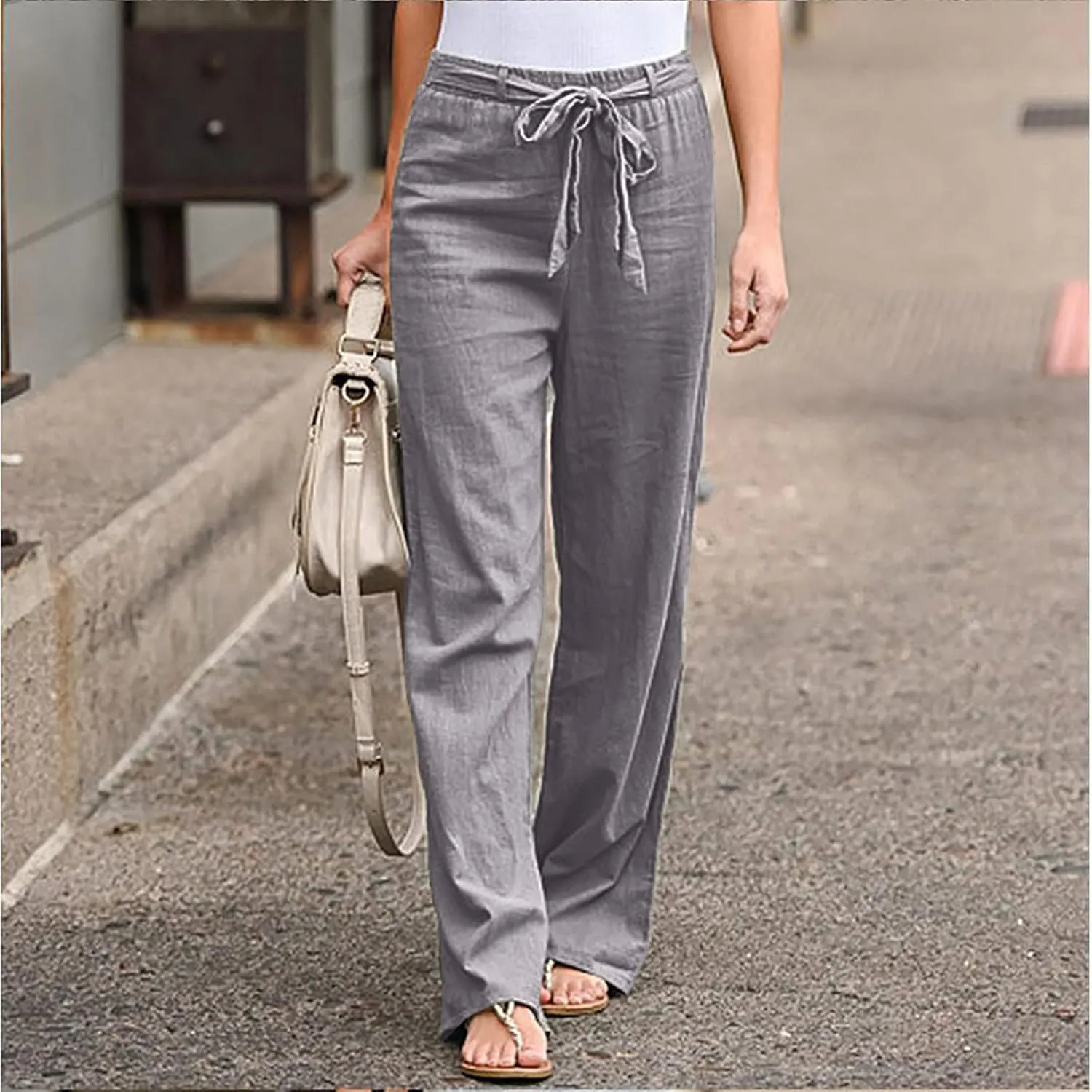 NATHGAM Womens Straight Pants Solid High Waisted Drawstring Summer Baggy Lounge Breathable Trousers Comfy Cotton Linen Pants