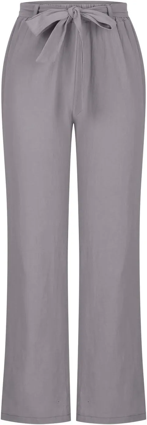 NATHGAM Womens Straight Pants Solid High Waisted Drawstring Summer Baggy Lounge Breathable Trousers Comfy Cotton Linen Pants