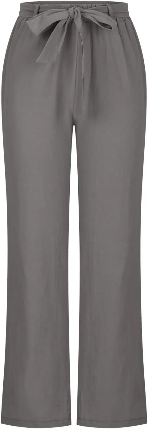 NATHGAM Womens Straight Pants Solid High Waisted Drawstring Summer Baggy Lounge Breathable Trousers Comfy Cotton Linen Pants