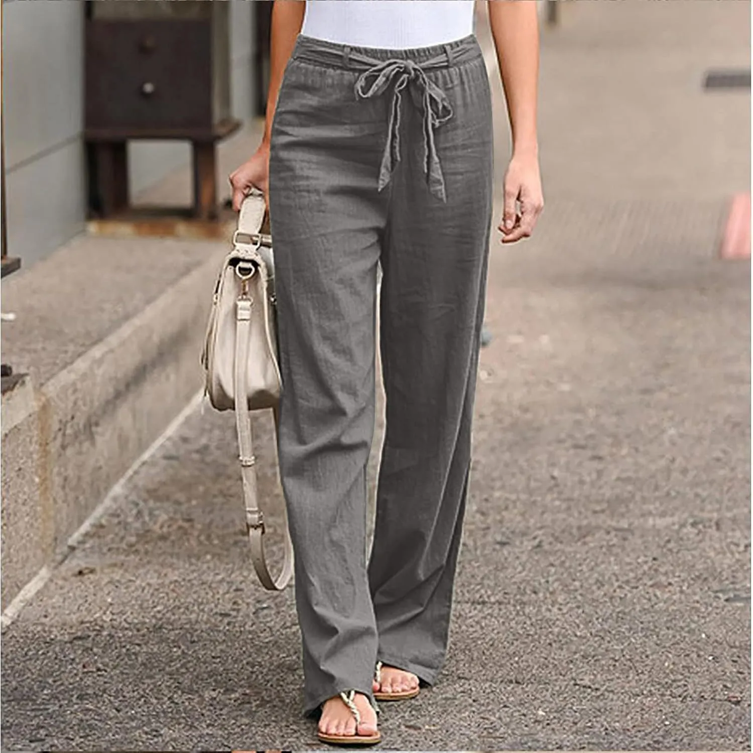 NATHGAM Womens Straight Pants Solid High Waisted Drawstring Summer Baggy Lounge Breathable Trousers Comfy Cotton Linen Pants