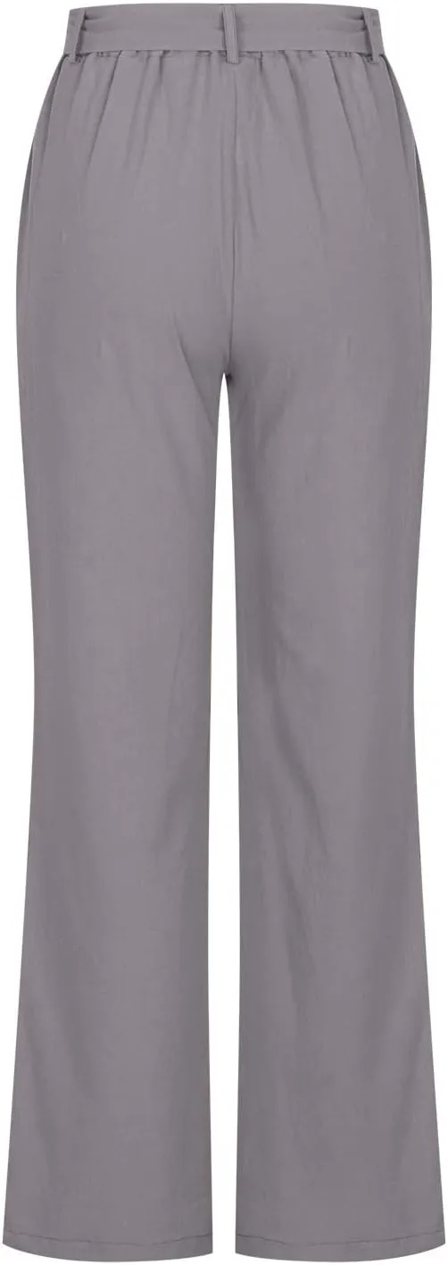 NATHGAM Womens Straight Pants Solid High Waisted Drawstring Summer Baggy Lounge Breathable Trousers Comfy Cotton Linen Pants