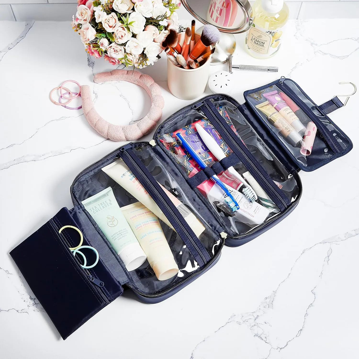 Nicole Miller New York Once Upon a Rose Makeup Bag, Multifunctional Travel and Toiletries Bag, Cosmetics Essentials Accessories Bag, Luxurious, Classic, Chic, and Stylish, Solid Navy