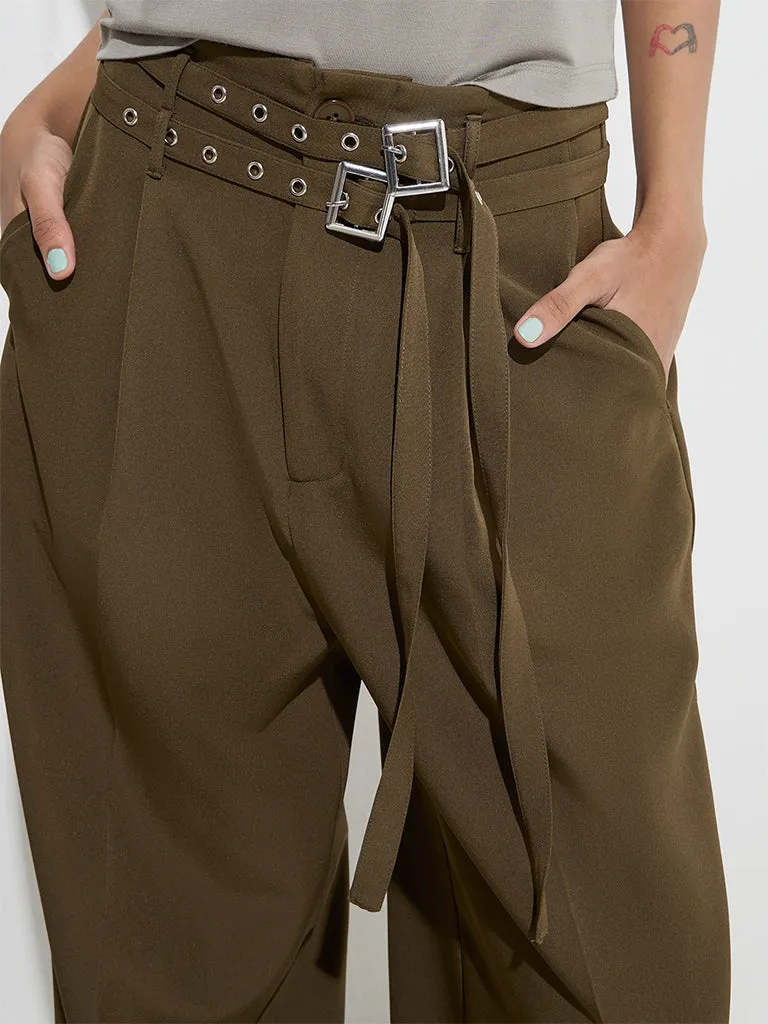 Nuon Olive Wide Leg-Fit High-Rise Trousers with Belt