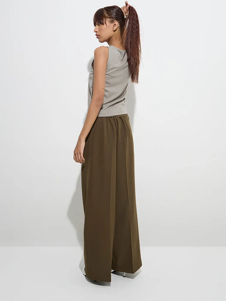 Nuon Olive Wide Leg-Fit High-Rise Trousers with Belt