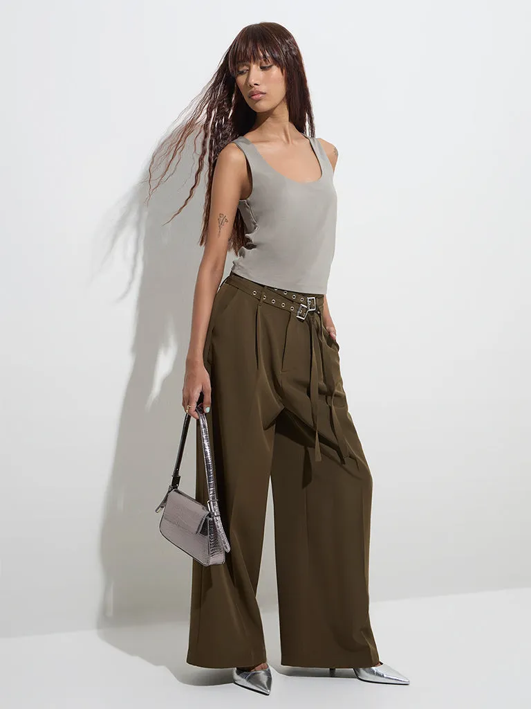 Nuon Olive Wide Leg-Fit High-Rise Trousers with Belt