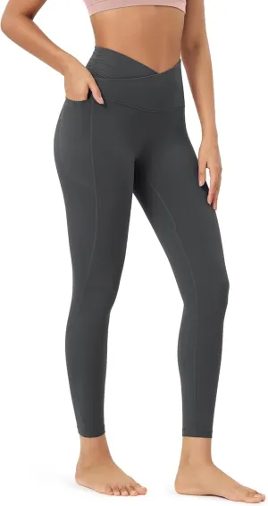 ODODOS Cloud Feeling Gathered Cross Waist Leggings with Pockets for Women 25" / 28" Crossover Lounge Yoga Pants