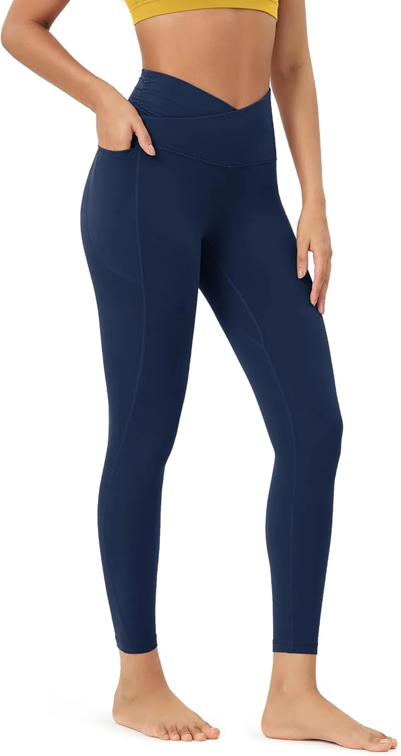 ODODOS Cloud Feeling Gathered Cross Waist Leggings with Pockets for Women 25" / 28" Crossover Lounge Yoga Pants