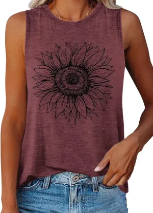 ORANDESIGNE Womens Flower Print Crewneck Tank Tops Graphic Curved Hem Sleeveless Tops Summer Casual Loose Fit Shirts