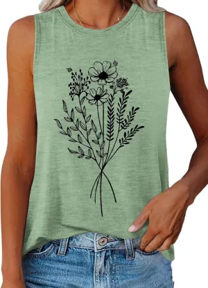 ORANDESIGNE Womens Flower Print Crewneck Tank Tops Graphic Curved Hem Sleeveless Tops Summer Casual Loose Fit Shirts