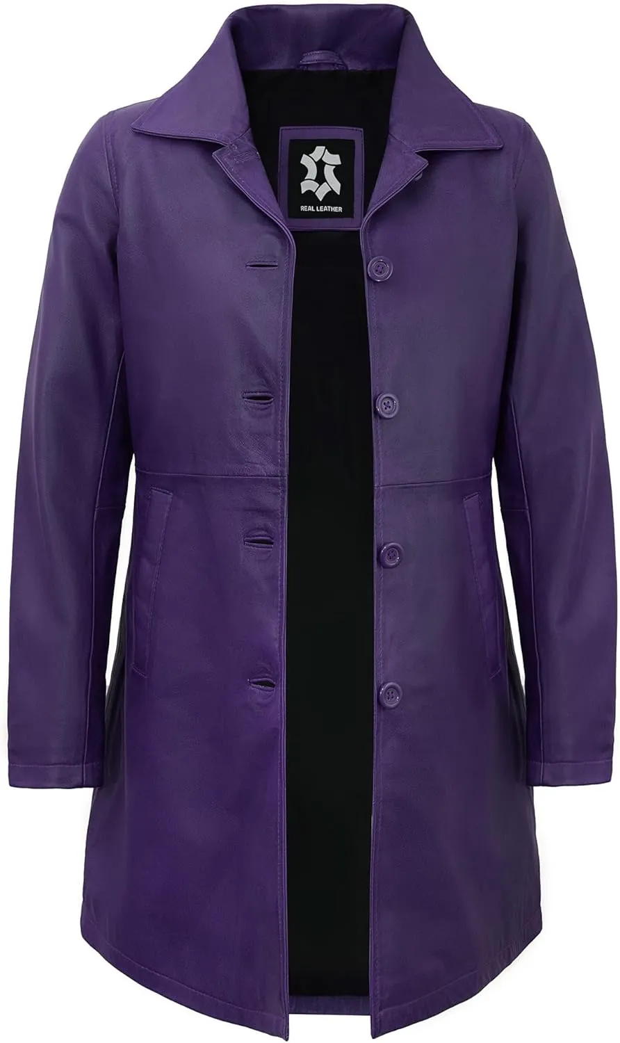Outerwear Real Lambskin Car Coats For Women - Classic Button Down Vintage Style Long Leather Jacket Womens