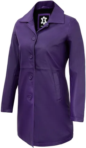 Outerwear Real Lambskin Car Coats For Women - Classic Button Down Vintage Style Long Leather Jacket Womens