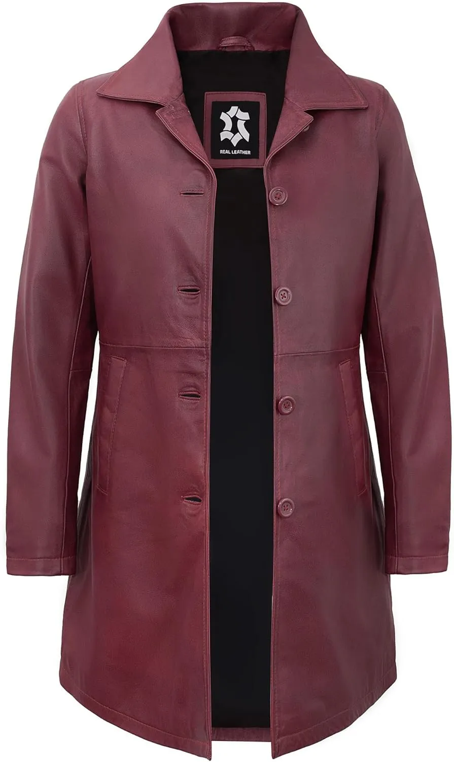 Outerwear Real Lambskin Car Coats For Women - Classic Button Down Vintage Style Long Leather Jacket Womens