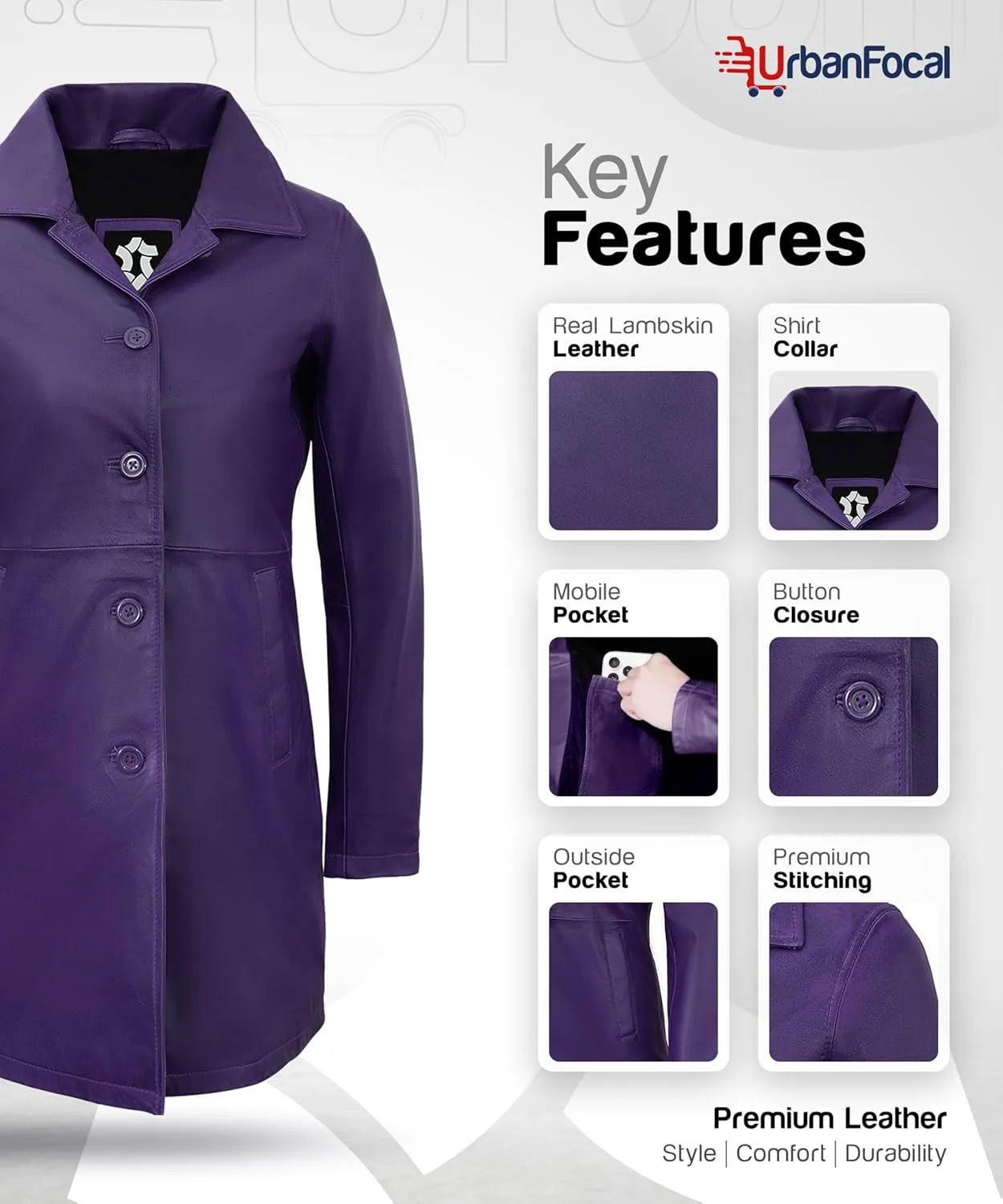 Outerwear Real Lambskin Car Coats For Women - Classic Button Down Vintage Style Long Leather Jacket Womens
