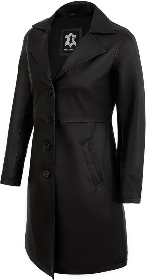 Outerwear Real Lambskin Car Coats For Women - Classic Button Down Vintage Style Long Leather Jacket Womens