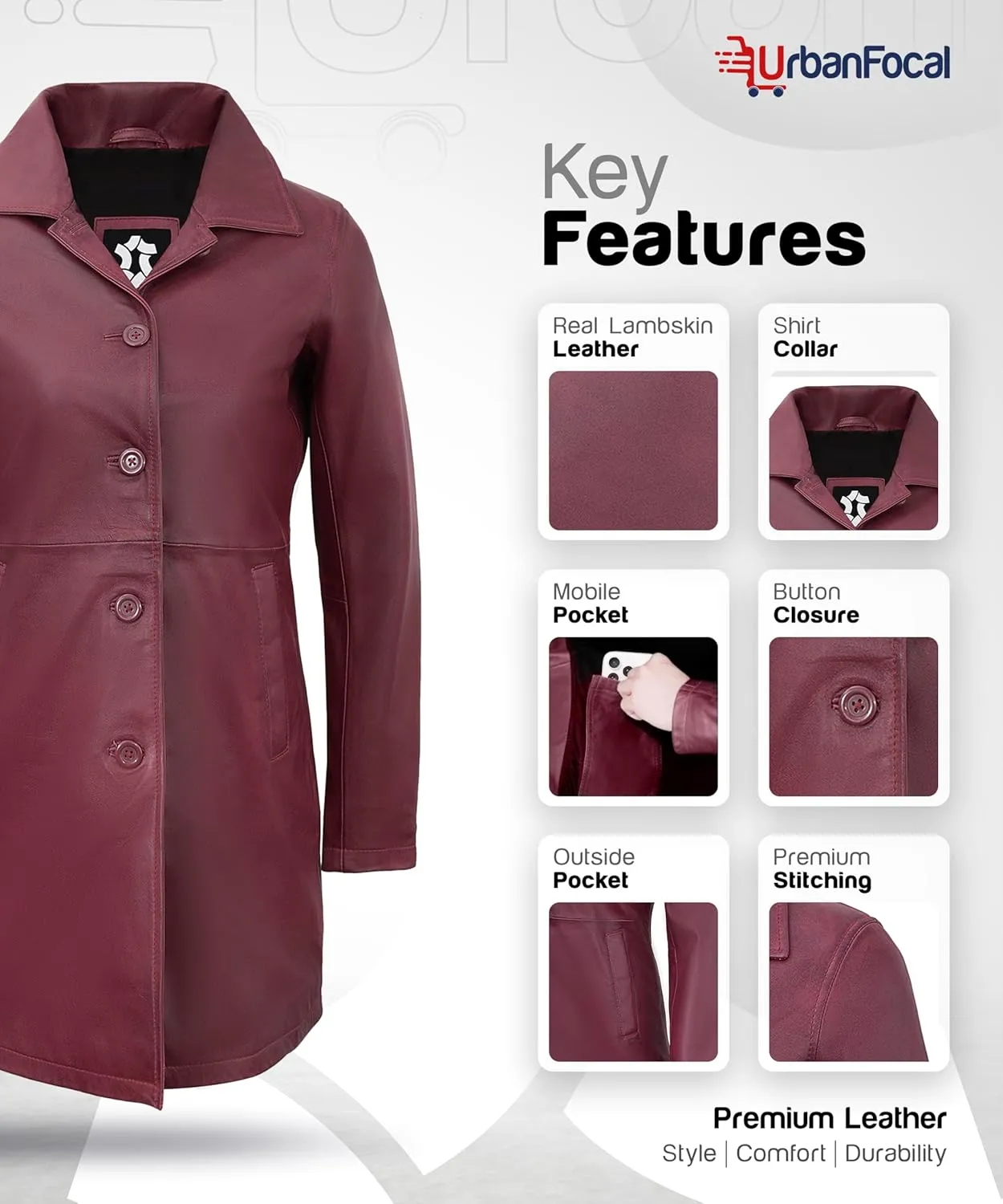 Outerwear Real Lambskin Car Coats For Women - Classic Button Down Vintage Style Long Leather Jacket Womens
