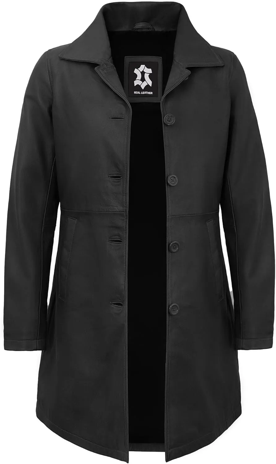 Outerwear Real Lambskin Car Coats For Women - Classic Button Down Vintage Style Long Leather Jacket Womens