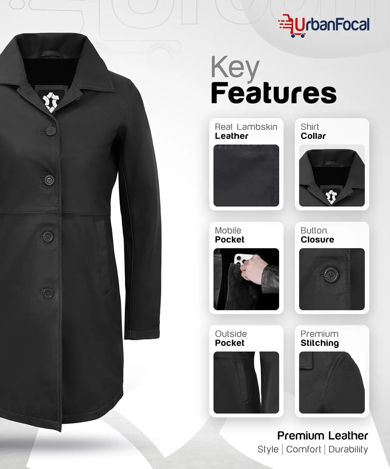 Outerwear Real Lambskin Car Coats For Women - Classic Button Down Vintage Style Long Leather Jacket Womens