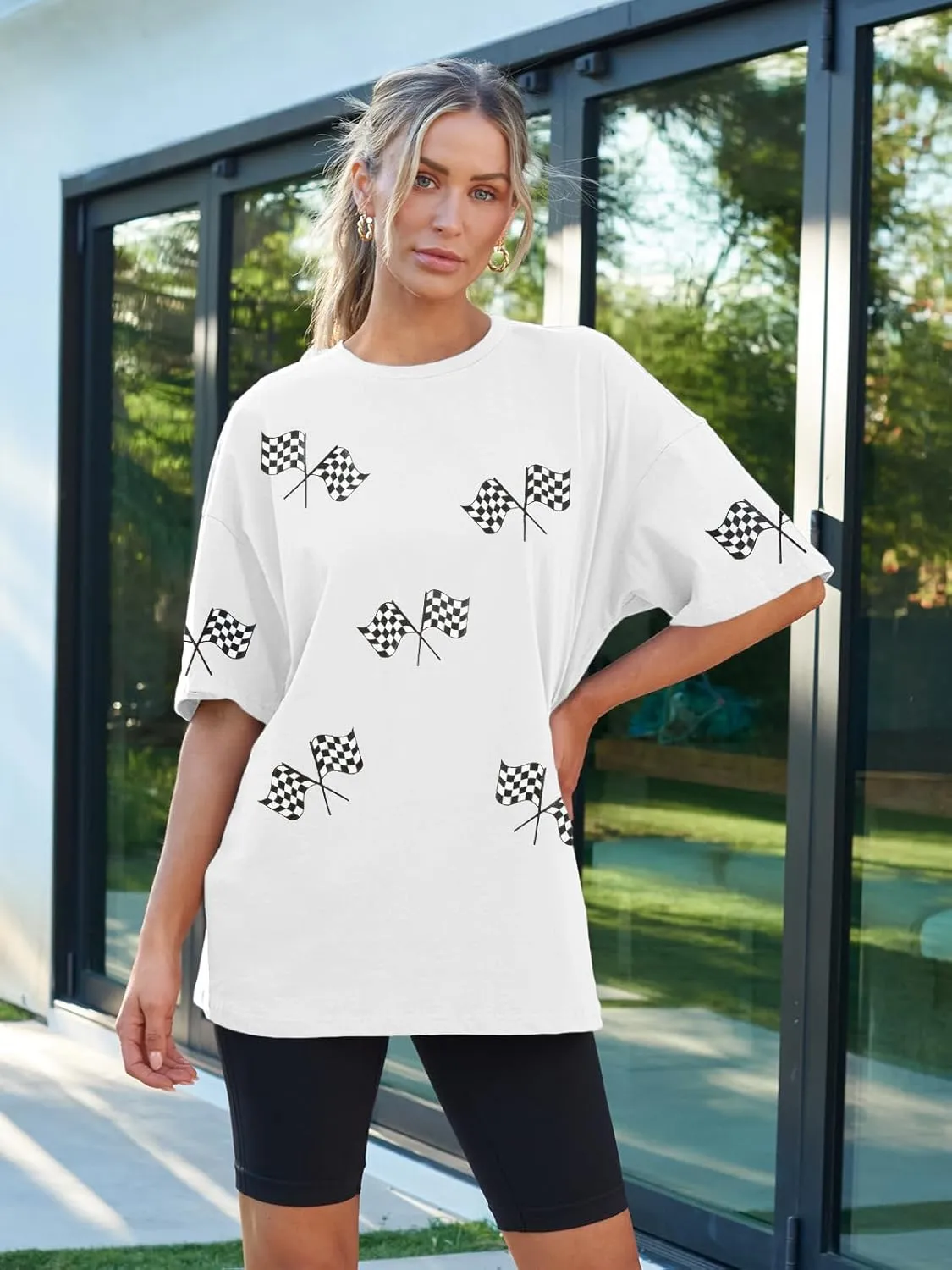 Oversized Racing Shirt Women Start Your Engines Shirts Race Day Checkered Flag Tee Casual Unisex Short Sleeve Tops