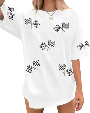 Oversized Racing Shirt Women Start Your Engines Shirts Race Day Checkered Flag Tee Casual Unisex Short Sleeve Tops