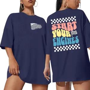 Oversized Racing Shirt Women Start Your Engines Shirts Race Day Checkered Flag Tee Casual Unisex Short Sleeve Tops