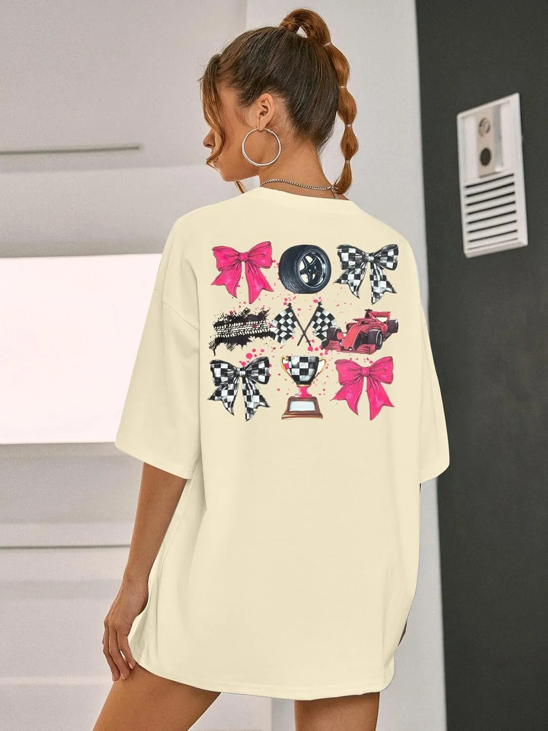 Oversized Racing Shirt Women Start Your Engines Shirts Race Day Checkered Flag Tee Casual Unisex Short Sleeve Tops