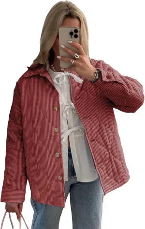 Owl's-Yard Women's Puffer Jacket Stripe Turn-Down Collar Buttons Quilted Coat Fall Long Sleeve Padded Lightweight Jacket