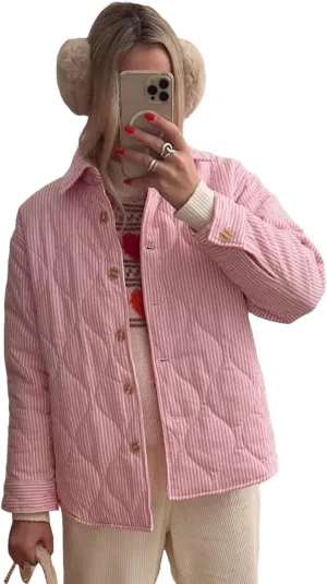 Owl's-Yard Women's Puffer Jacket Stripe Turn-Down Collar Buttons Quilted Coat Fall Long Sleeve Padded Lightweight Jacket