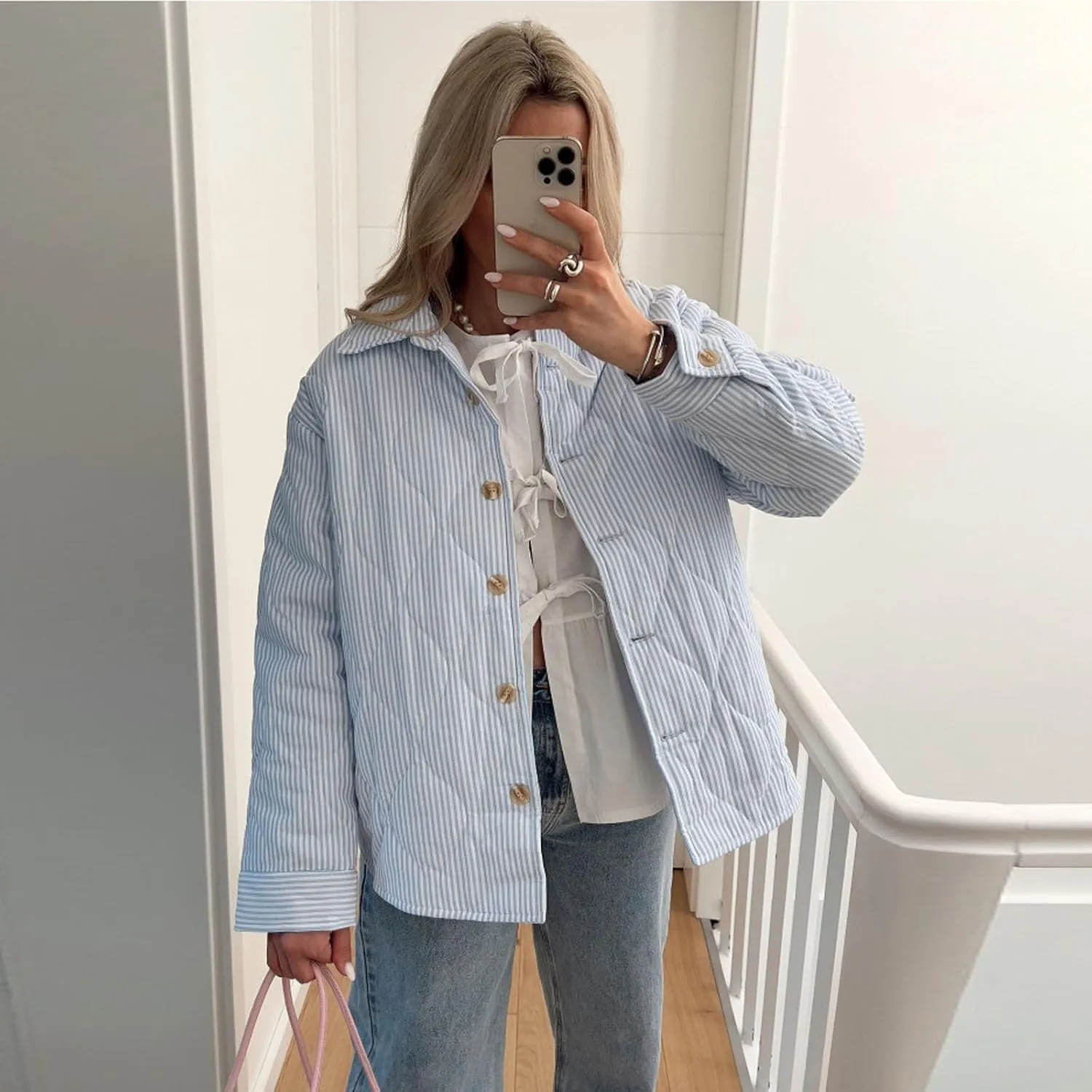 Owl's-Yard Women's Puffer Jacket Stripe Turn-Down Collar Buttons Quilted Coat Fall Long Sleeve Padded Lightweight Jacket