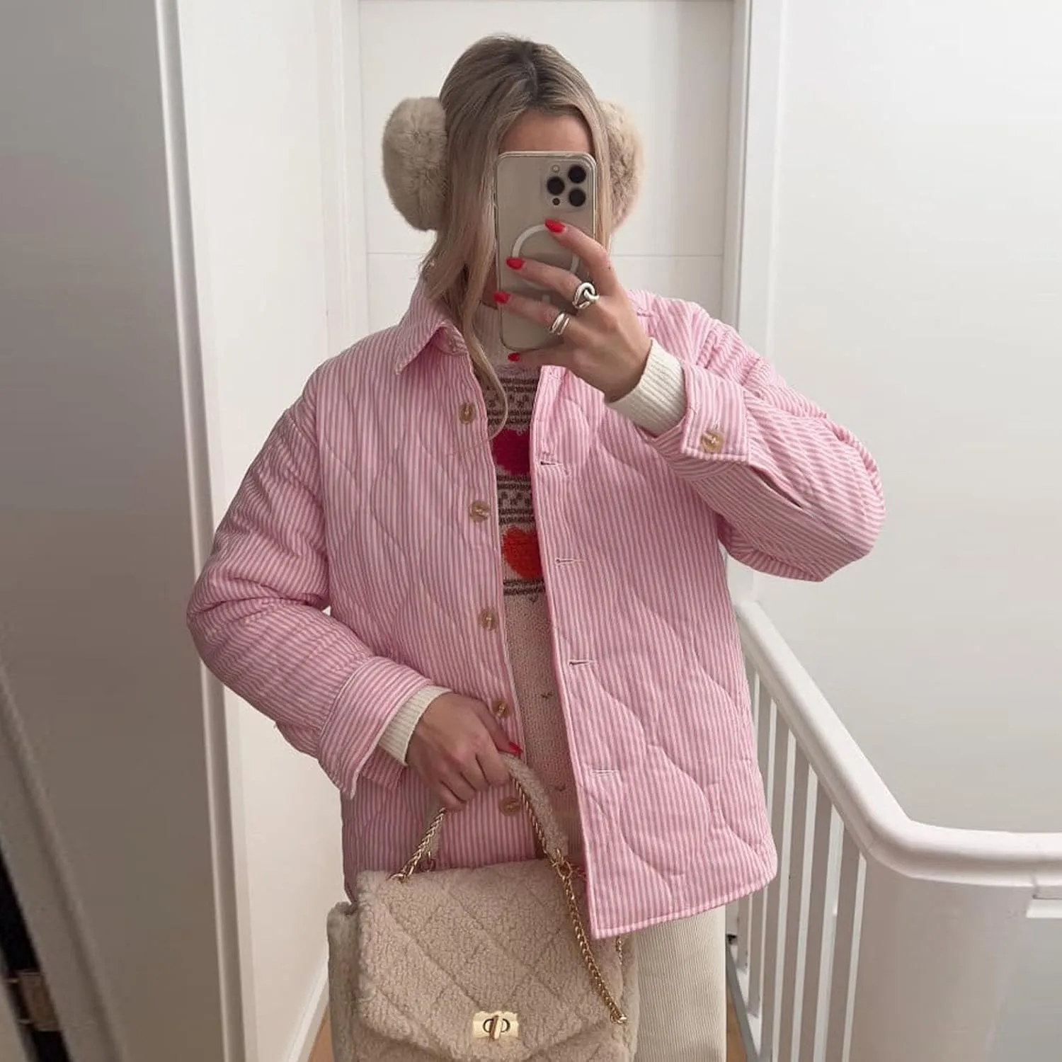 Owl's-Yard Women's Puffer Jacket Stripe Turn-Down Collar Buttons Quilted Coat Fall Long Sleeve Padded Lightweight Jacket