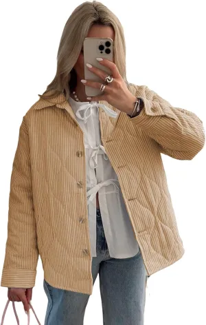 Owl's-Yard Women's Puffer Jacket Stripe Turn-Down Collar Buttons Quilted Coat Fall Long Sleeve Padded Lightweight Jacket
