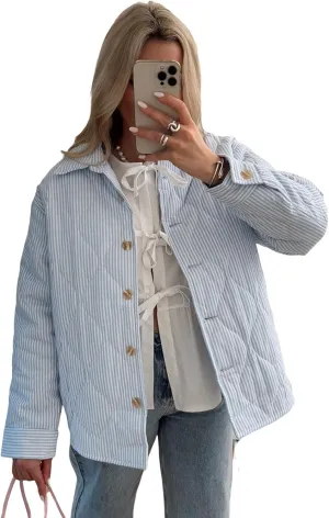 Owl's-Yard Women's Puffer Jacket Stripe Turn-Down Collar Buttons Quilted Coat Fall Long Sleeve Padded Lightweight Jacket