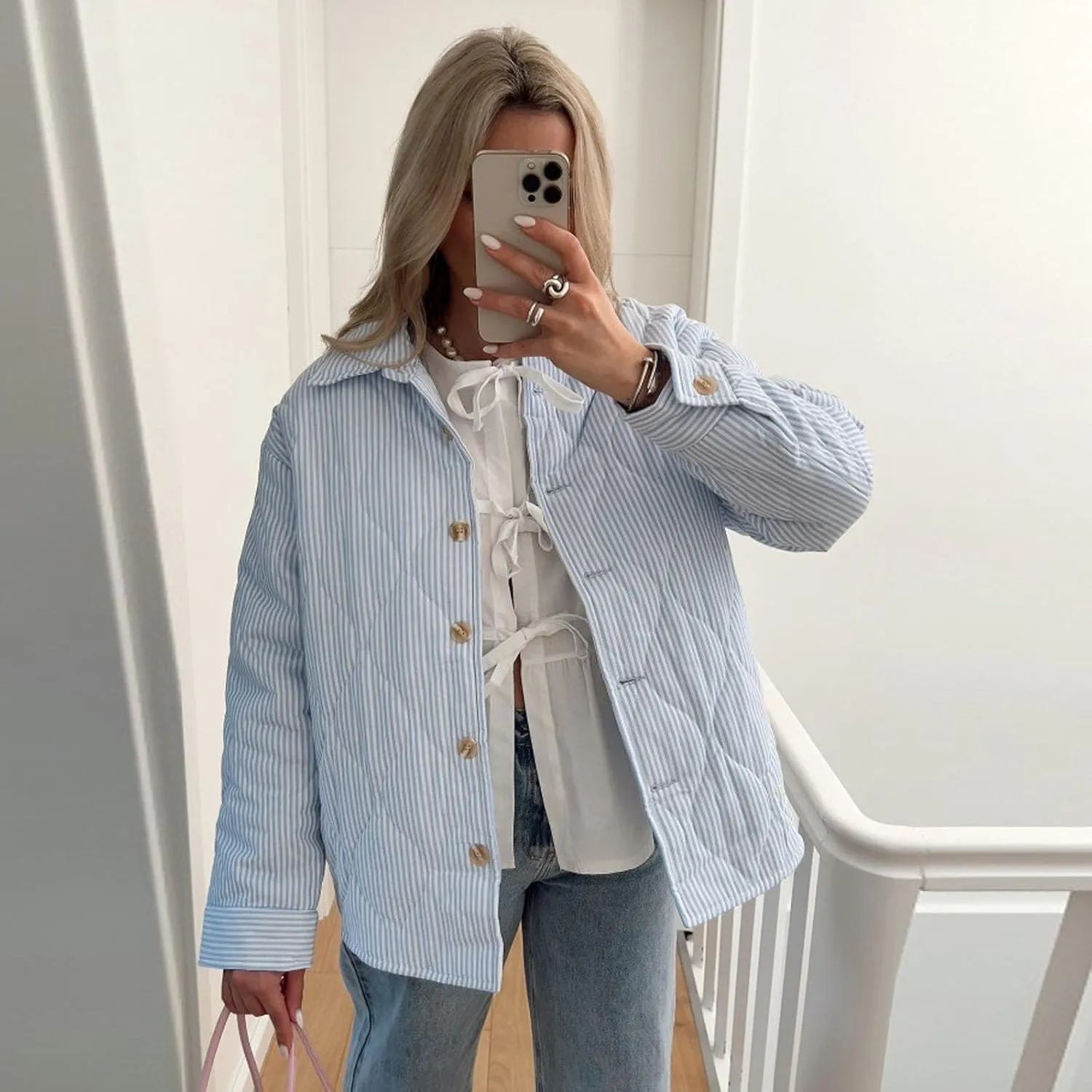 Owl's-Yard Women's Puffer Jacket Stripe Turn-Down Collar Buttons Quilted Coat Fall Long Sleeve Padded Lightweight Jacket