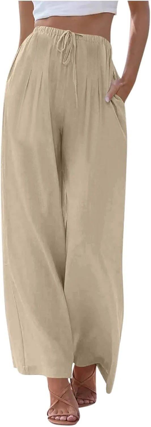 Palazzo Pants for Women Plus Size Wed Leg Palazzo Pants Summer Casual Cotton Linen Lounge Trouser Boho Beach Outfits