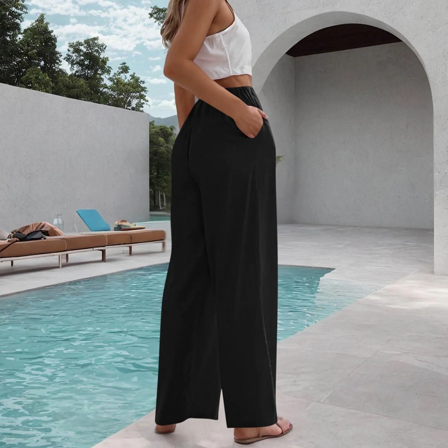 Palazzo Pants for Women Plus Size Wed Leg Palazzo Pants Summer Casual Cotton Linen Lounge Trouser Boho Beach Outfits