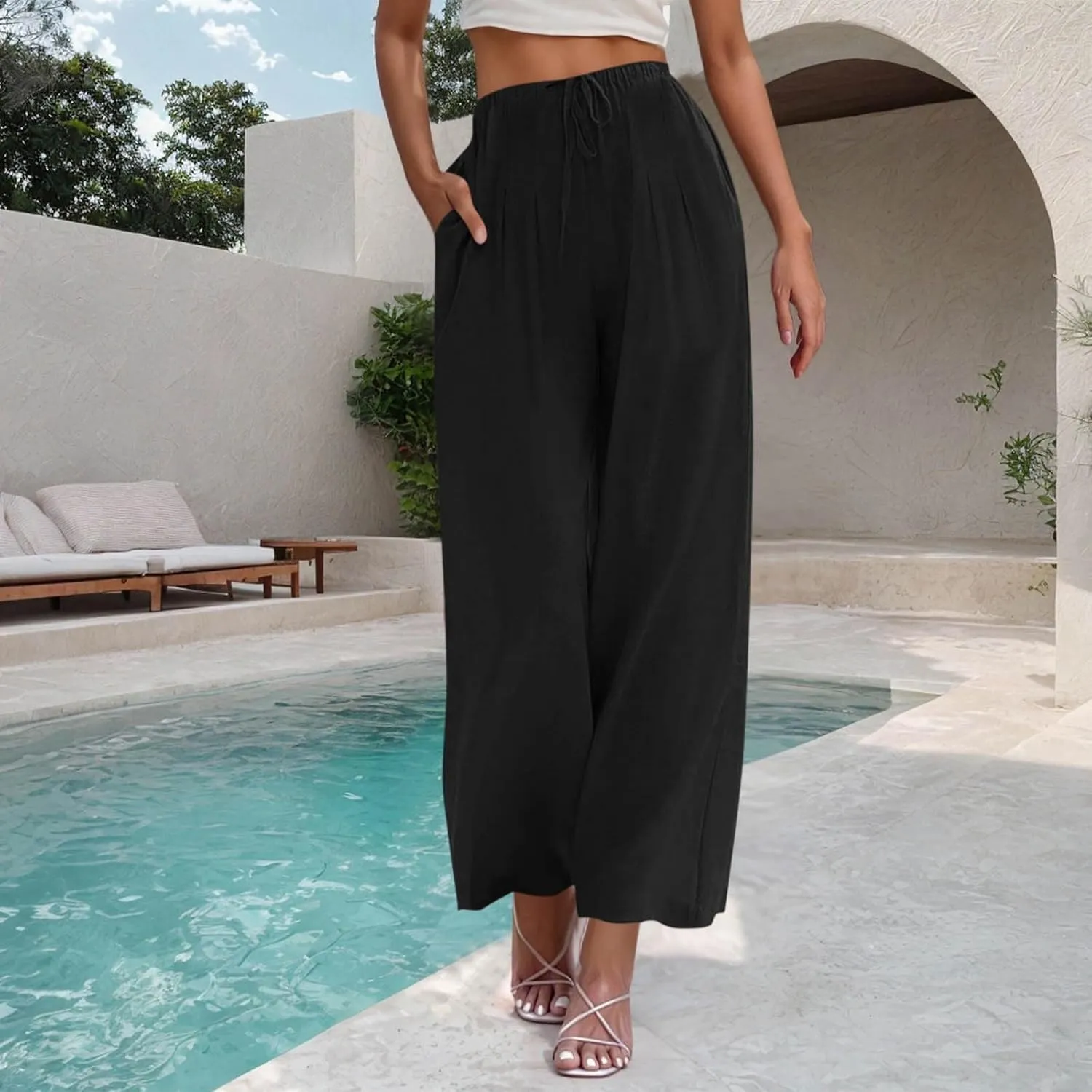 Palazzo Pants for Women Plus Size Wed Leg Palazzo Pants Summer Casual Cotton Linen Lounge Trouser Boho Beach Outfits