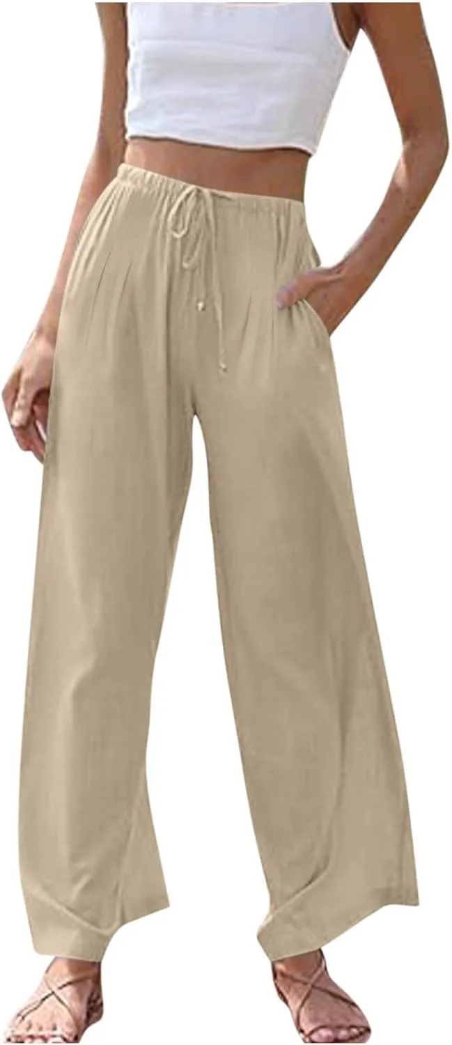 Palazzo Pants for Women Plus Size Wed Leg Palazzo Pants Summer Casual Cotton Linen Lounge Trouser Boho Beach Outfits
