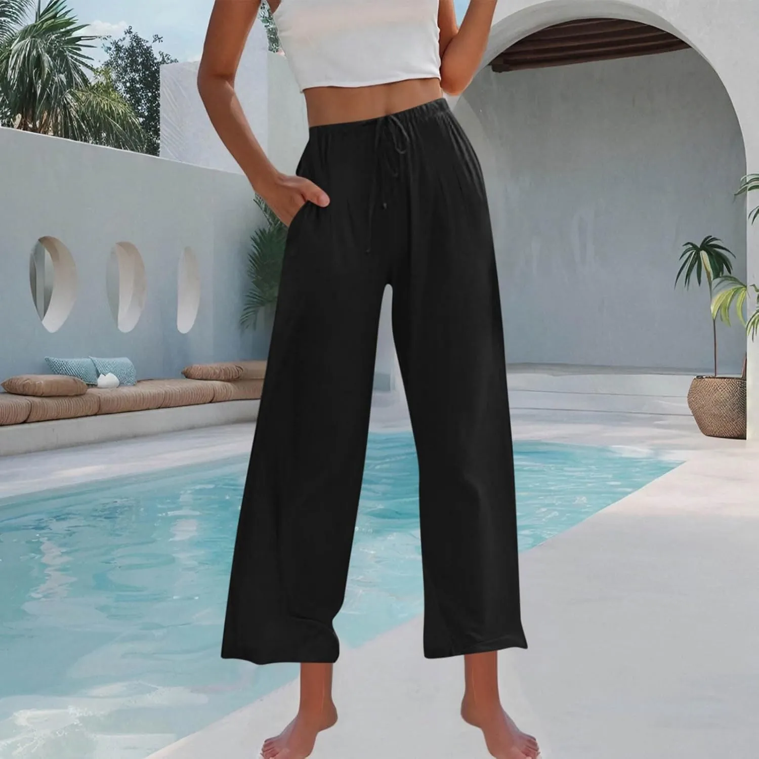 Palazzo Pants for Women Plus Size Wed Leg Palazzo Pants Summer Casual Cotton Linen Lounge Trouser Boho Beach Outfits