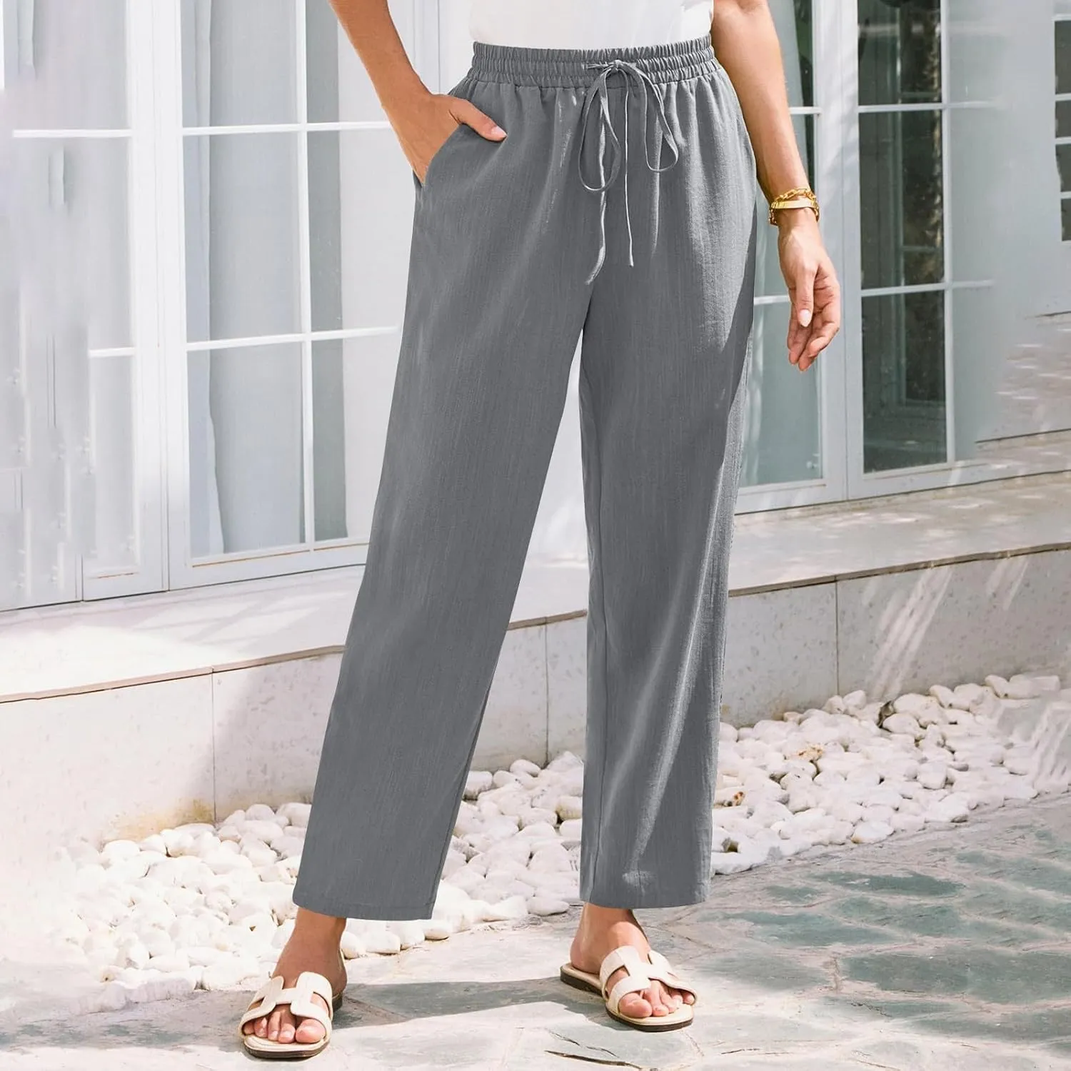 Pants for Women, Linen Peasant Pants Straight Leg Casual Breathable Women Flwoy