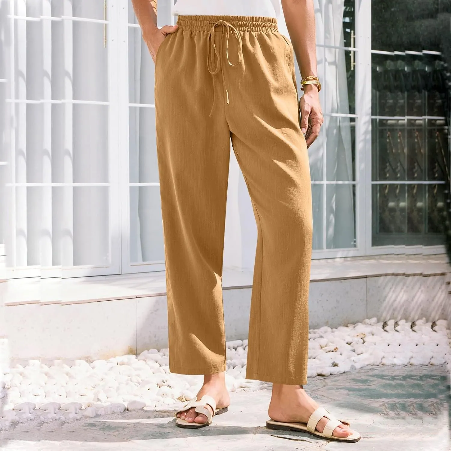 Pants for Women, Linen Peasant Pants Straight Leg Casual Breathable Women Flwoy