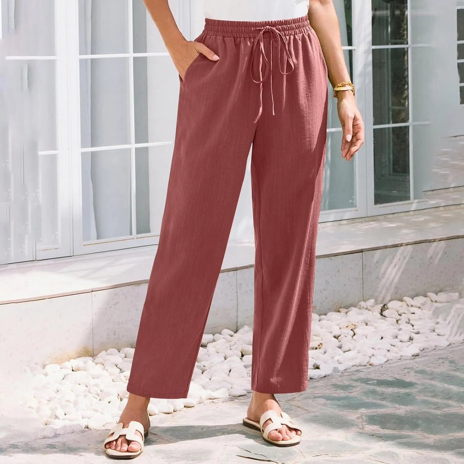 Pants for Women, Linen Peasant Pants Straight Leg Casual Breathable Women Flwoy