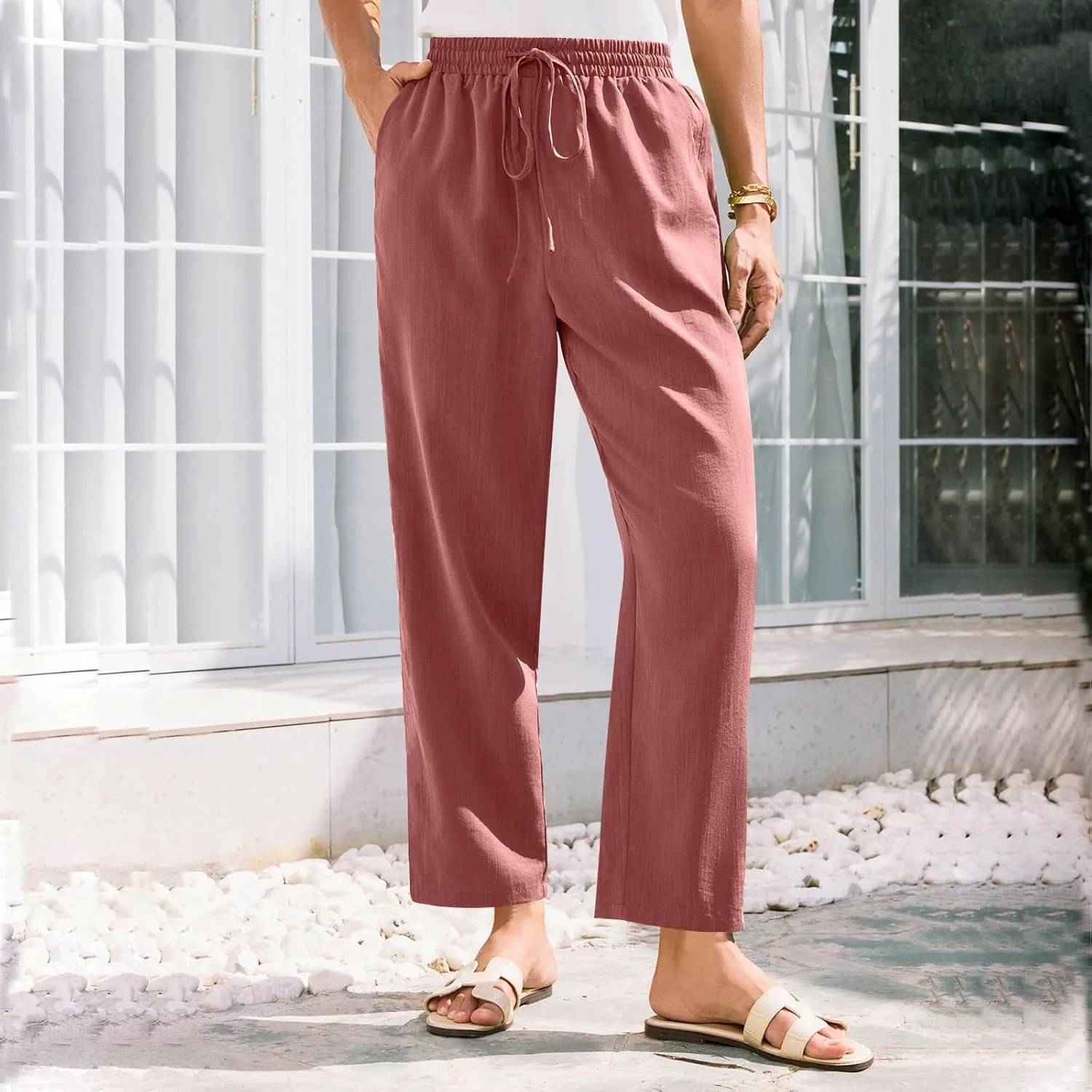Pants for Women, Linen Peasant Pants Straight Leg Casual Breathable Women Flwoy